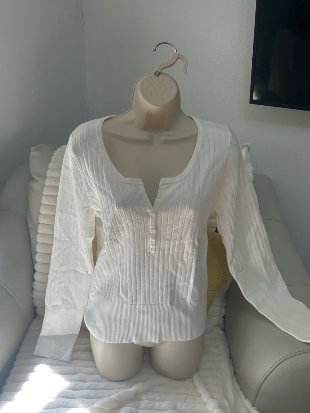 Classic White Ribbed Button-Front Women's Sweater